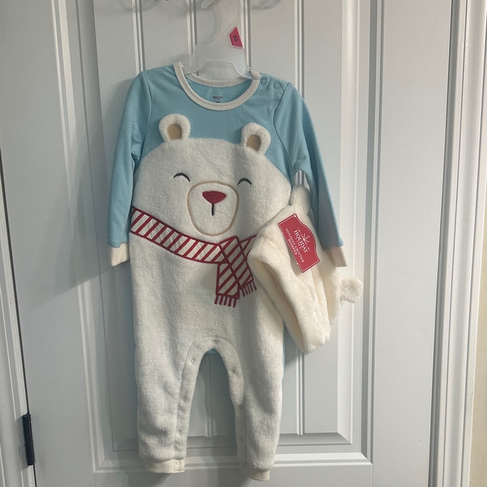 Little Me Bear Onesie with Hat Blue and Cream